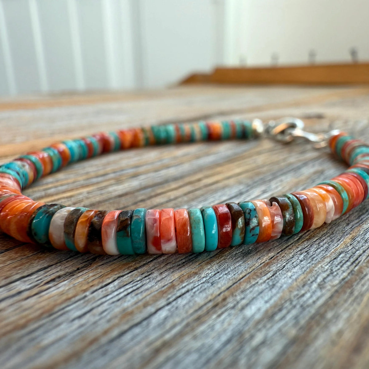Turquoise Spiny Oyster Heishi Bracelet, Southwestern Boho Beaded Jewelry
