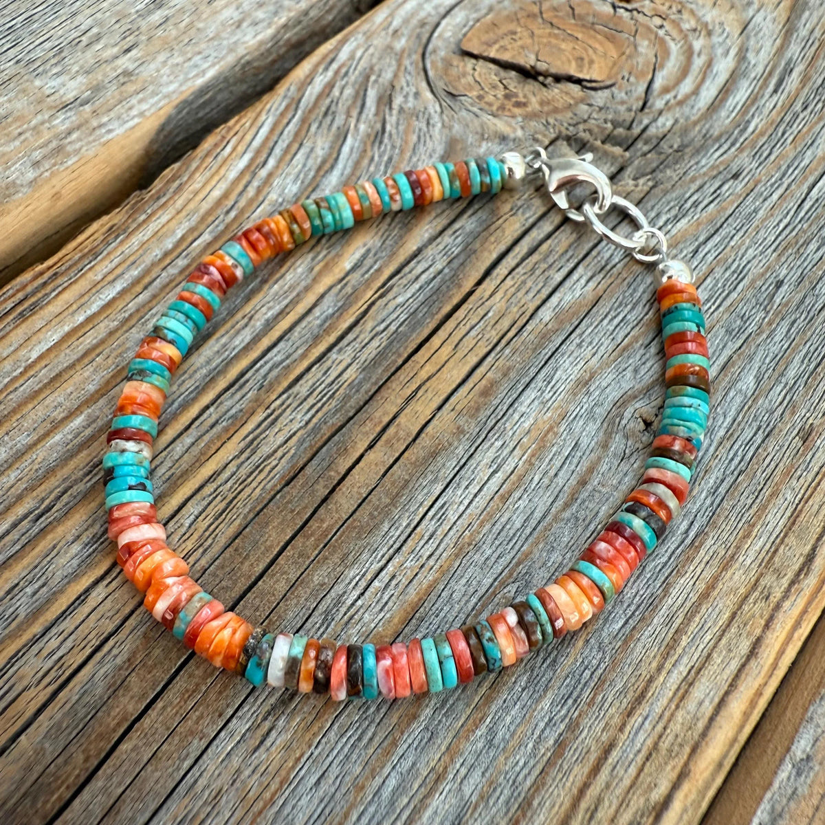 Turquoise Spiny Oyster Heishi Bracelet, Southwestern Boho Beaded Jewelry
