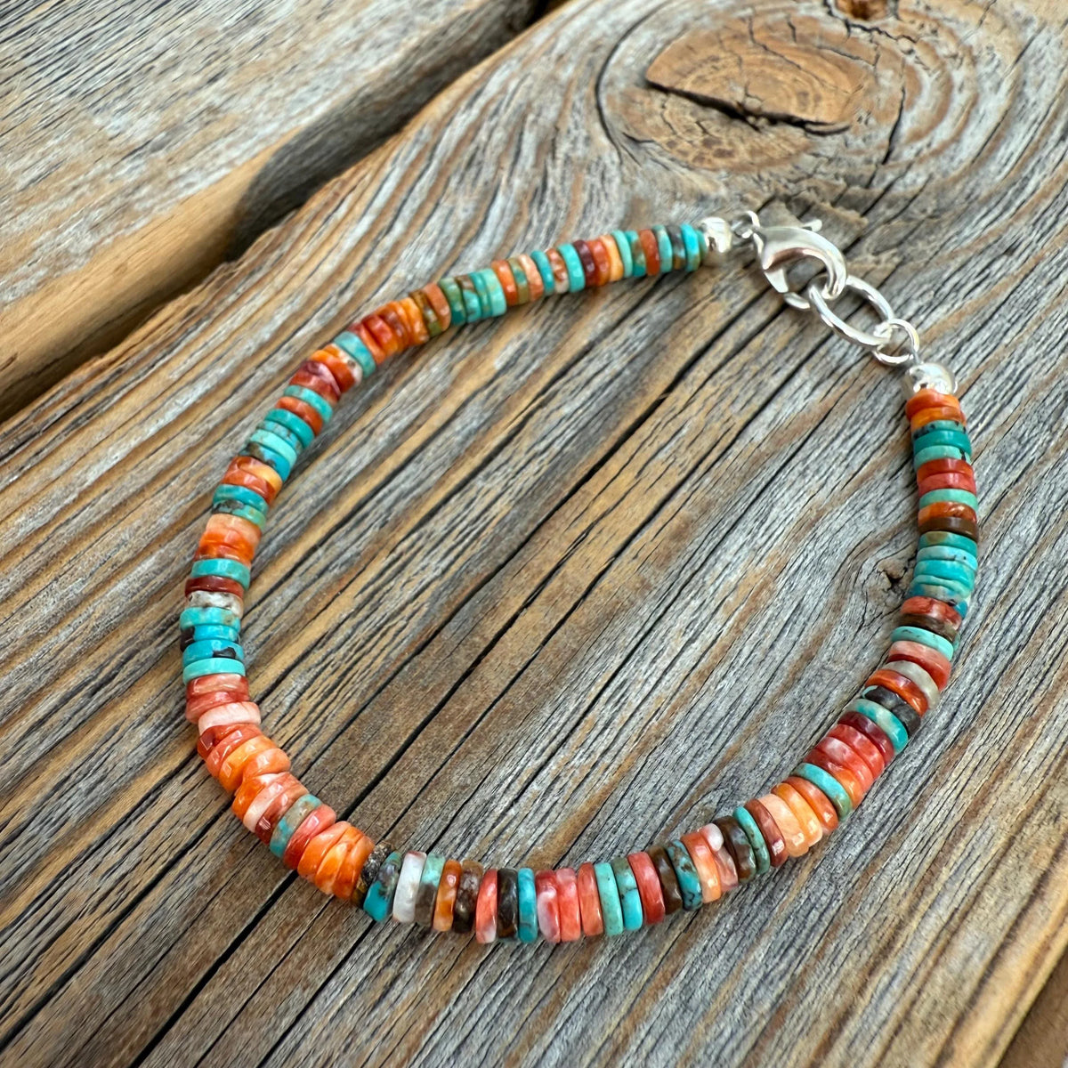 Turquoise Spiny Oyster Heishi Bracelet, Southwestern Boho Beaded Jewelry