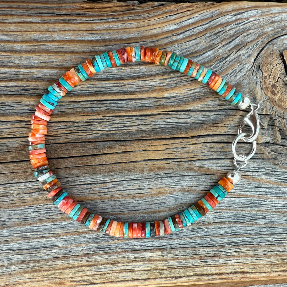 Turquoise Spiny Oyster Heishi Bracelet, Southwestern Boho Beaded Jewelry