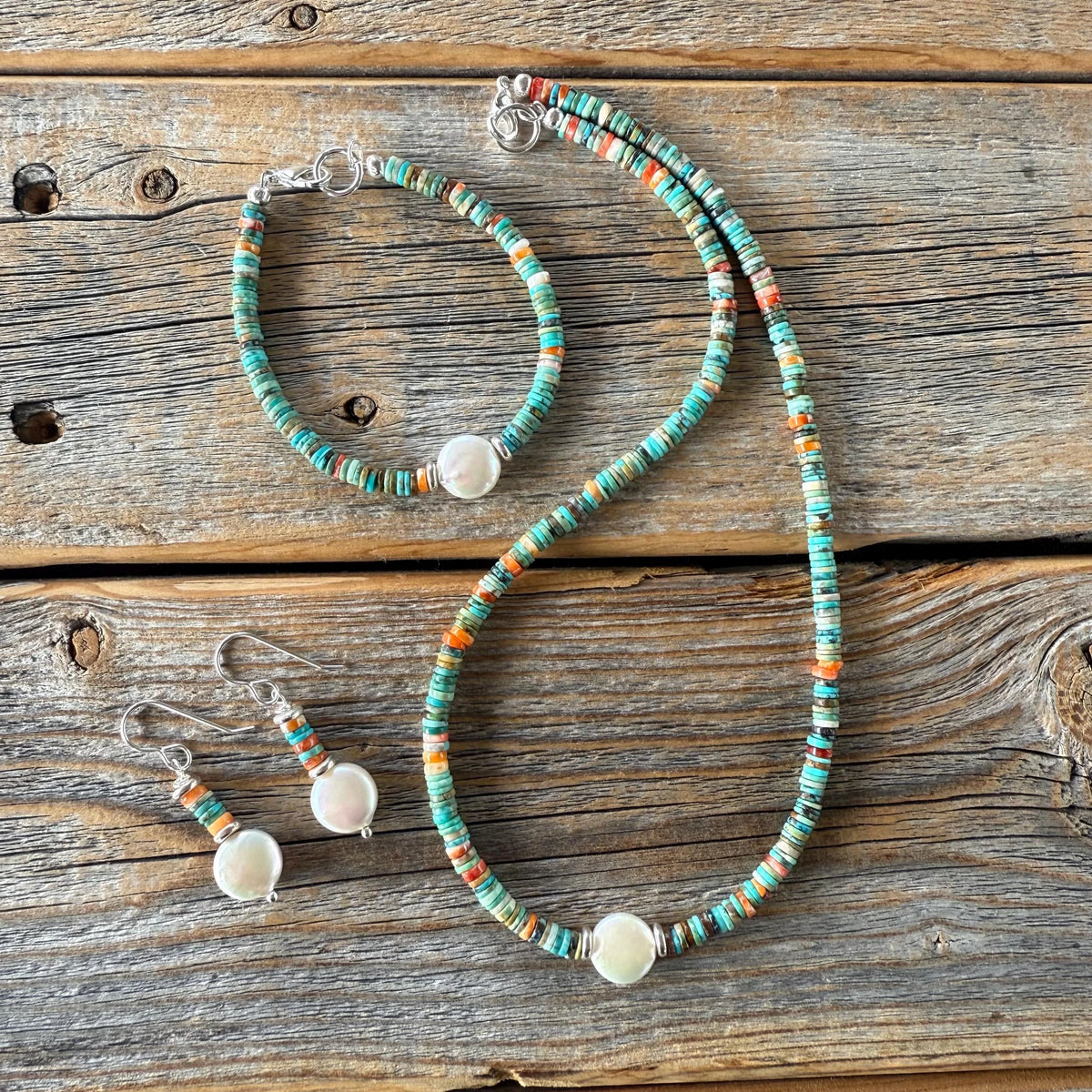 Turquoise Spiny Oyster Heishi Necklace, Freshwater Pearl Accent, Southwestern Beaded Jewelry