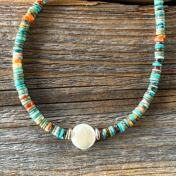 Turquoise Spiny Oyster Heishi Necklace, Freshwater Pearl Accent, Southwestern Beaded Jewelry