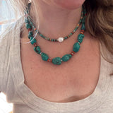 Turquoise Spiny Oyster Heishi Necklace, Freshwater Pearl Accent, Southwestern Beaded Jewelry