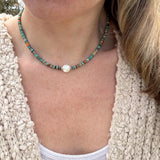 Turquoise Spiny Oyster Heishi Necklace, Freshwater Pearl Accent, Southwestern Beaded Jewelry