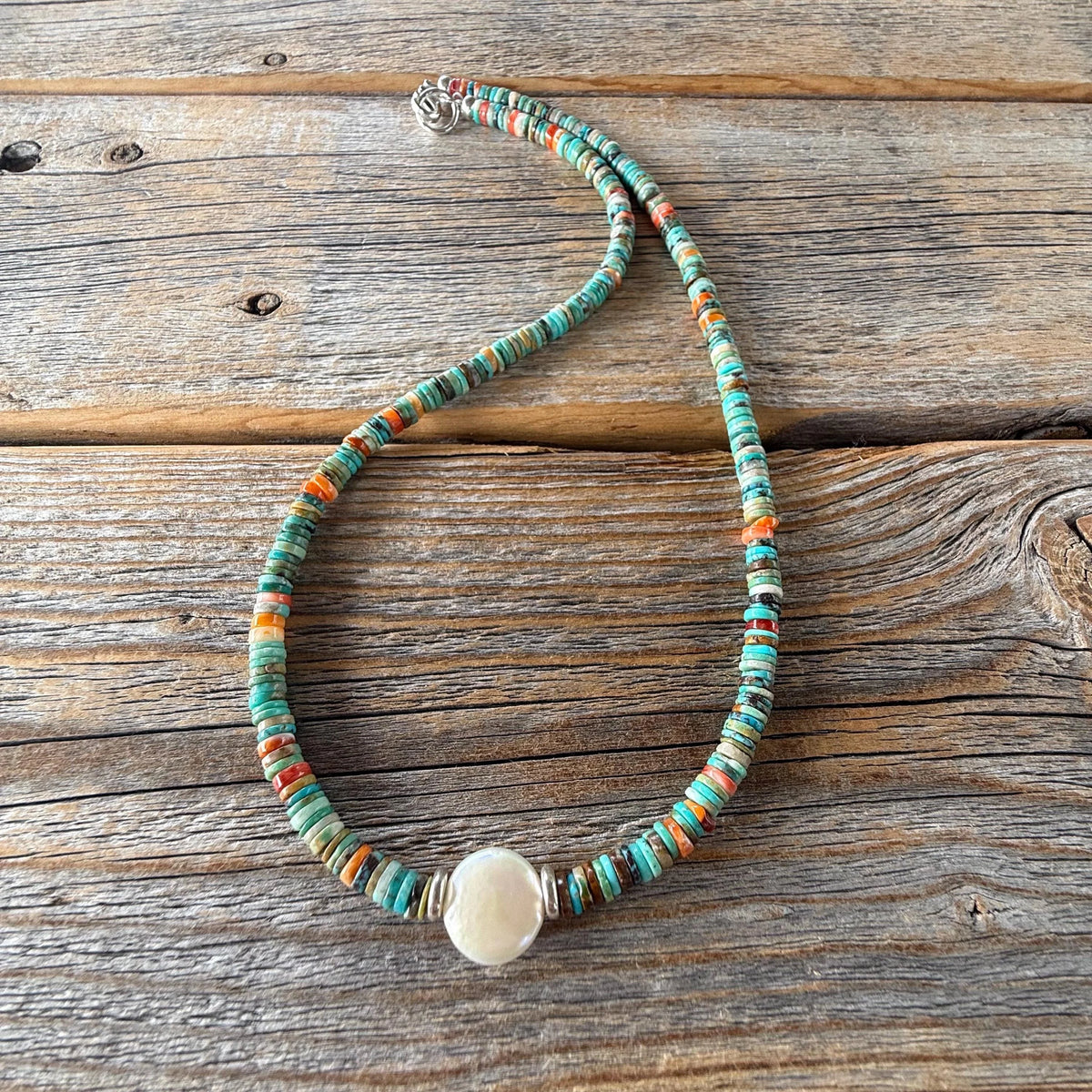 Turquoise Spiny Oyster Heishi Necklace, Freshwater Pearl Accent, Southwestern Beaded Jewelry