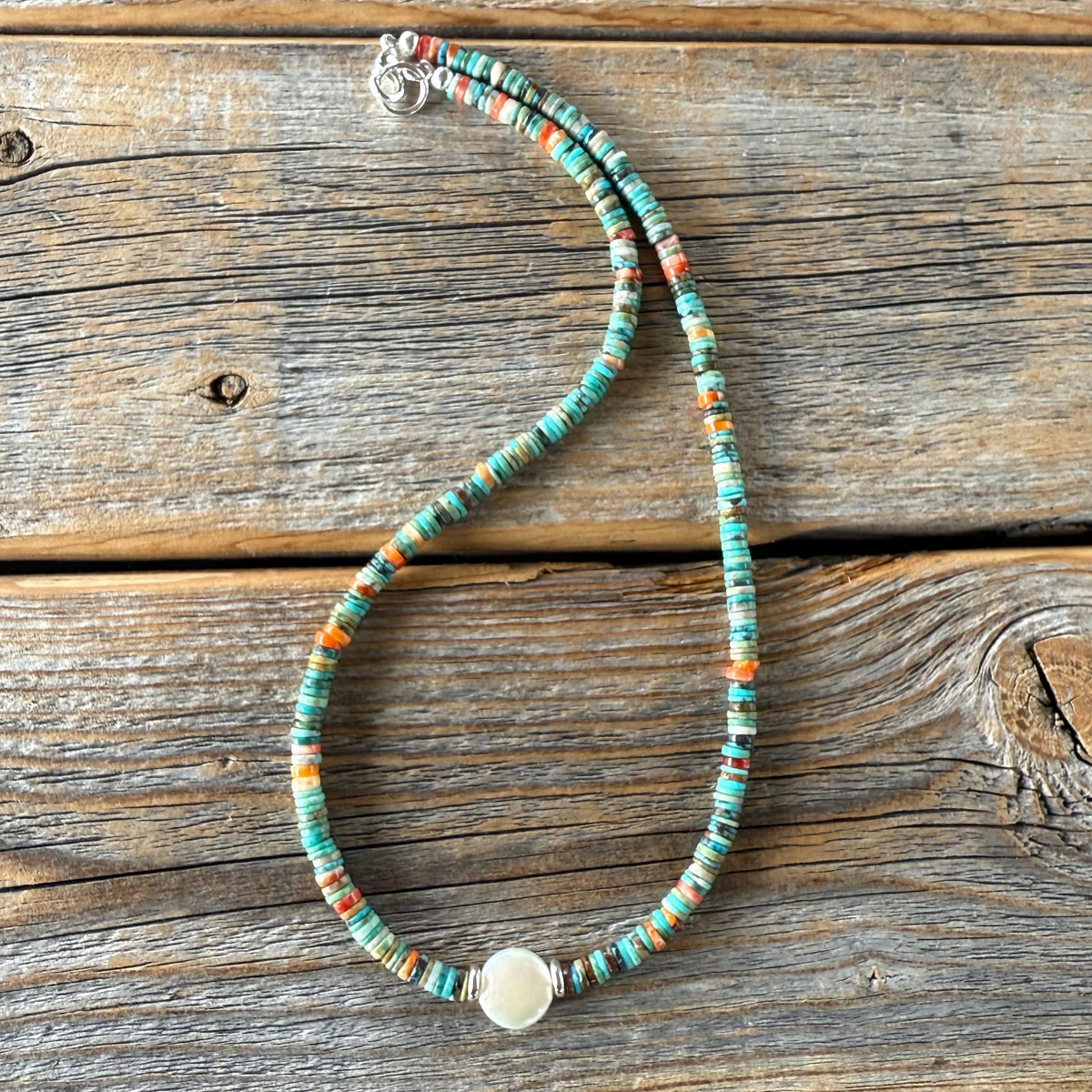 Turquoise Spiny Oyster Heishi Necklace, Freshwater Pearl Accent, Southwestern Beaded Jewelry