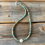 Turquoise Spiny Oyster Heishi Necklace, Freshwater Pearl Accent, Southwestern Beaded Jewelry
