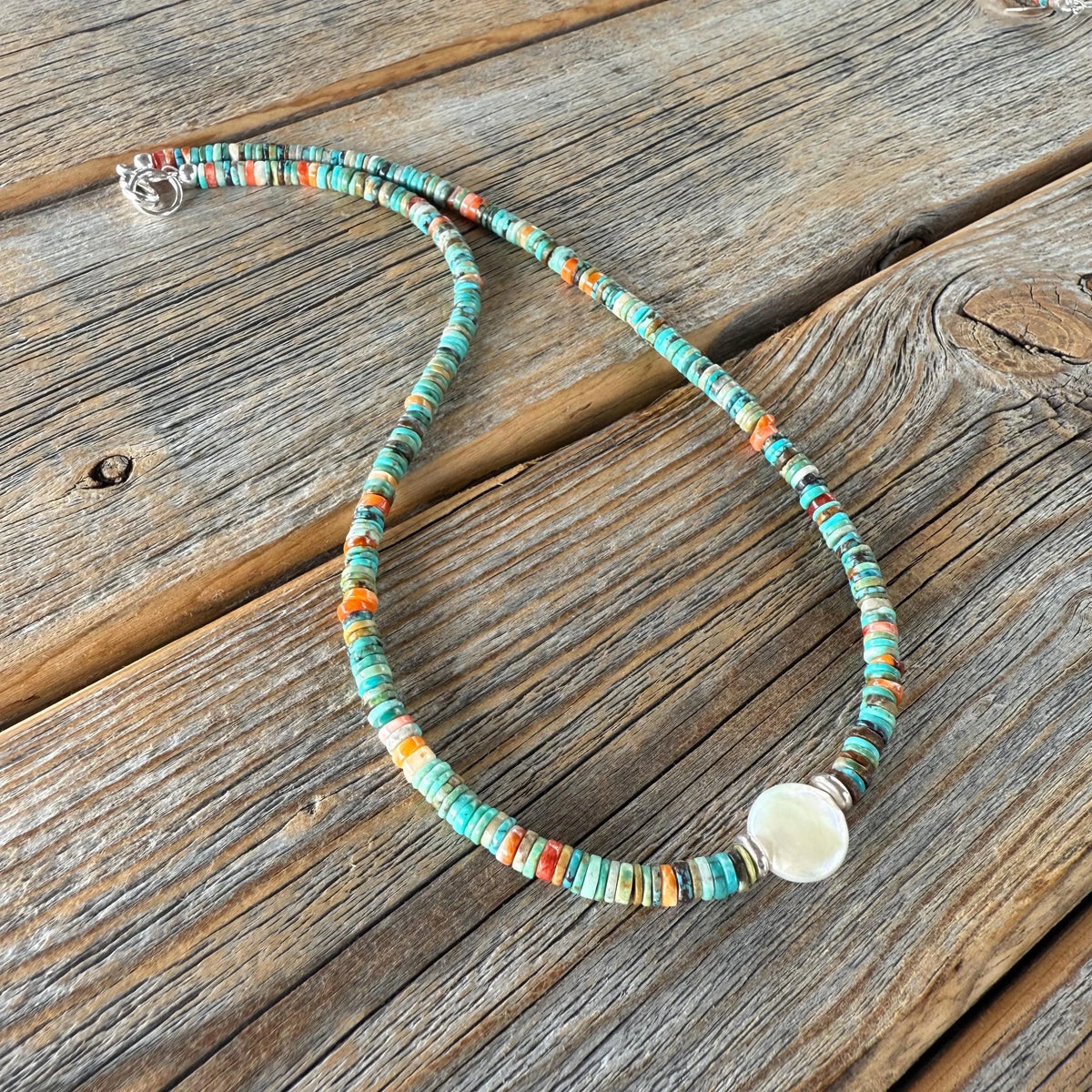 Turquoise Spiny Oyster Heishi Necklace, Freshwater Pearl Accent, Southwestern Beaded Jewelry