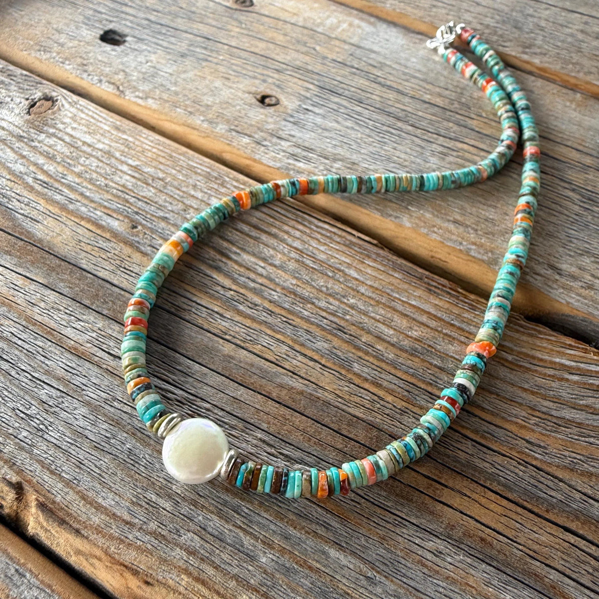 Turquoise Spiny Oyster Heishi Necklace, Freshwater Pearl Accent, Southwestern Beaded Jewelry