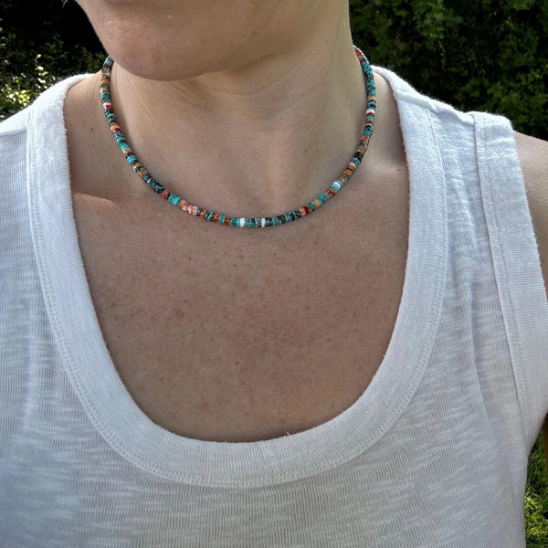 Turquoise Spiny Oyster Heishi Necklace, Southwestern Beaded Jewelry, Layering Boho Gift