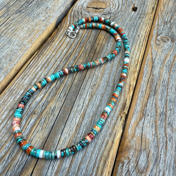 Turquoise Spiny Oyster Heishi Necklace, Southwestern Beaded Jewelry, Layering Boho Gift