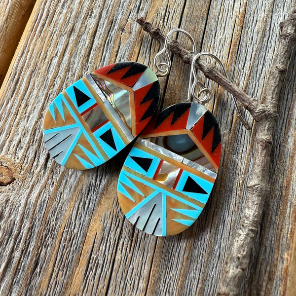Turquoise Spiny Oyster Inlay Dangle Earrings, Southwestern Mosaic Sterling Silver Hooks