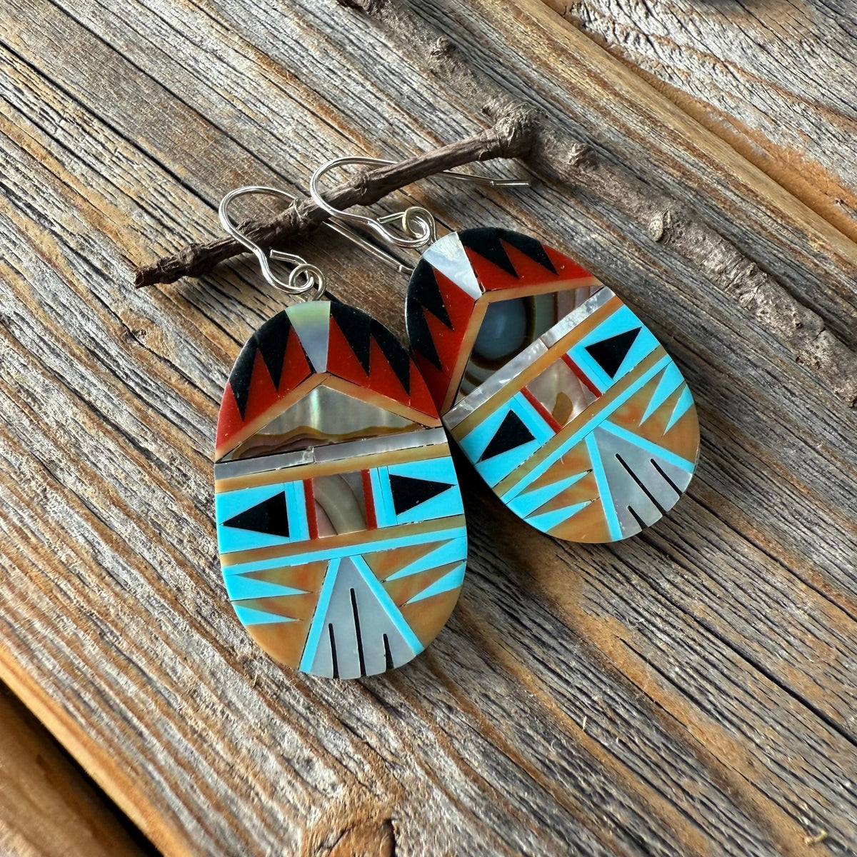 Turquoise Spiny Oyster Inlay Dangle Earrings, Southwestern Mosaic Sterling Silver Hooks