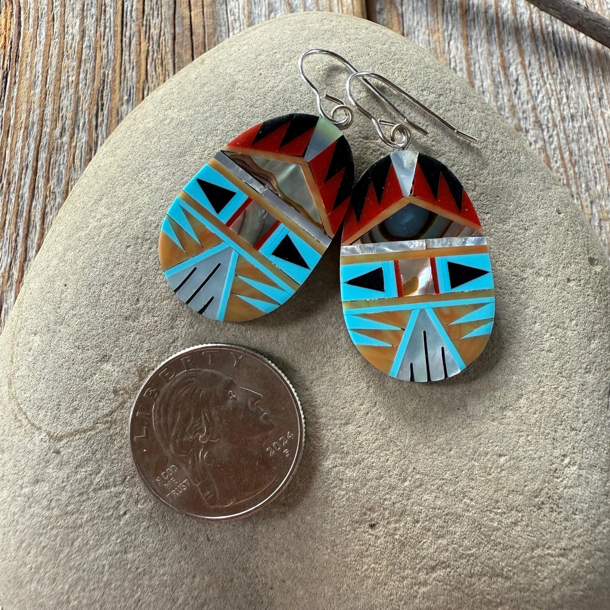 Turquoise Spiny Oyster Inlay Dangle Earrings, Southwestern Mosaic Sterling Silver Hooks