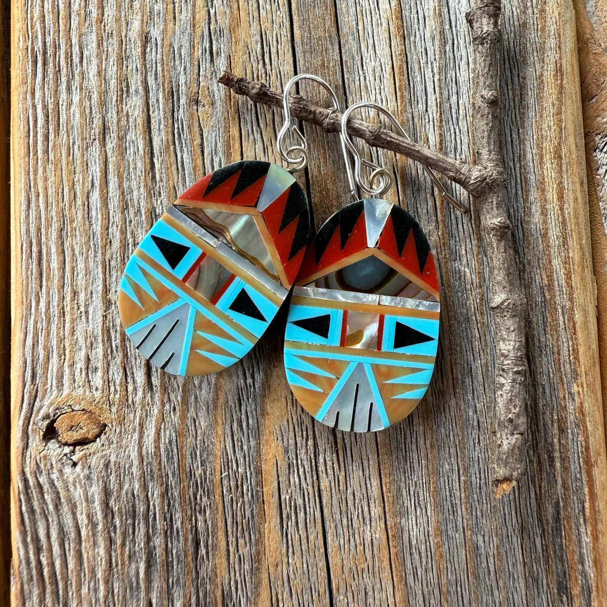 Turquoise Spiny Oyster Inlay Dangle Earrings, Southwestern Mosaic Sterling Silver Hooks