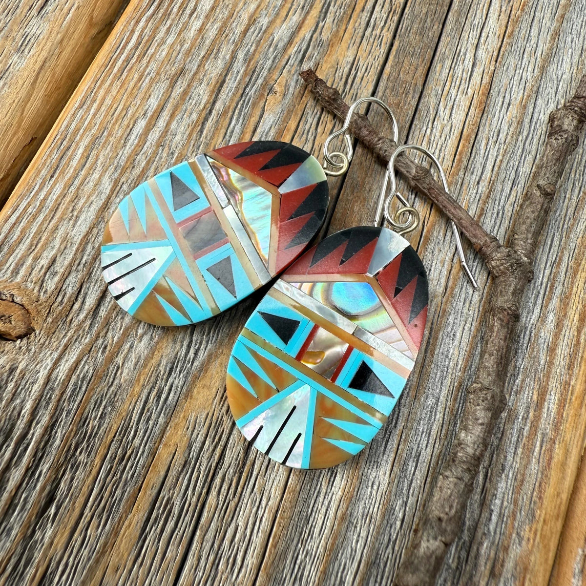 Turquoise Spiny Oyster Inlay Dangle Earrings, Southwestern Mosaic Sterling Silver Hooks