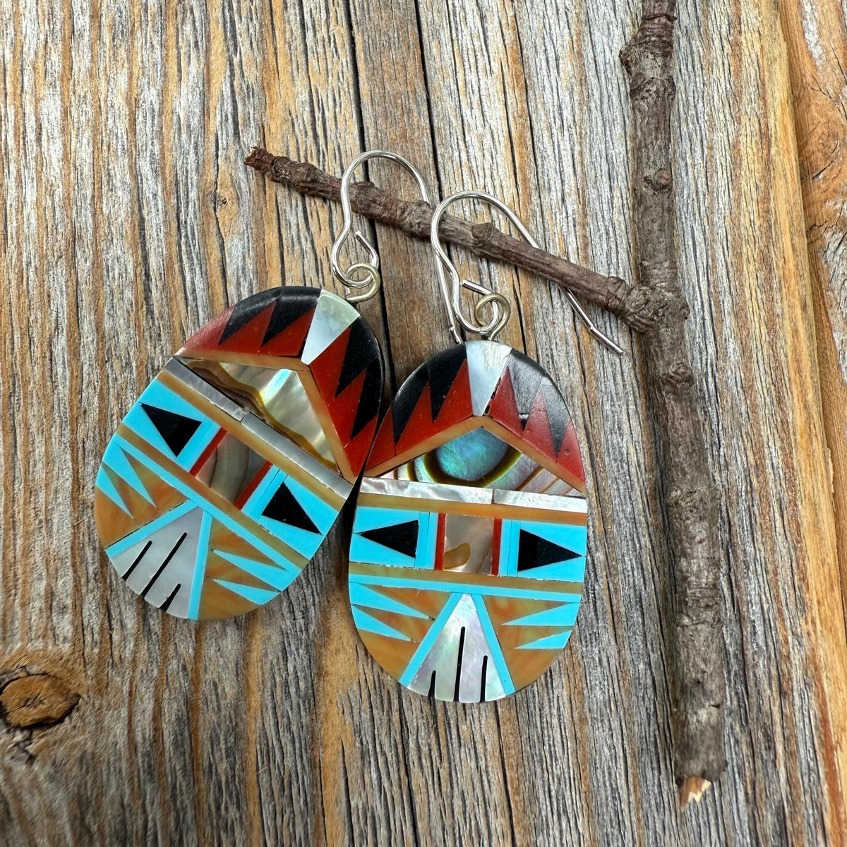 Turquoise Spiny Oyster Inlay Dangle Earrings, Southwestern Mosaic Sterling Silver Hooks