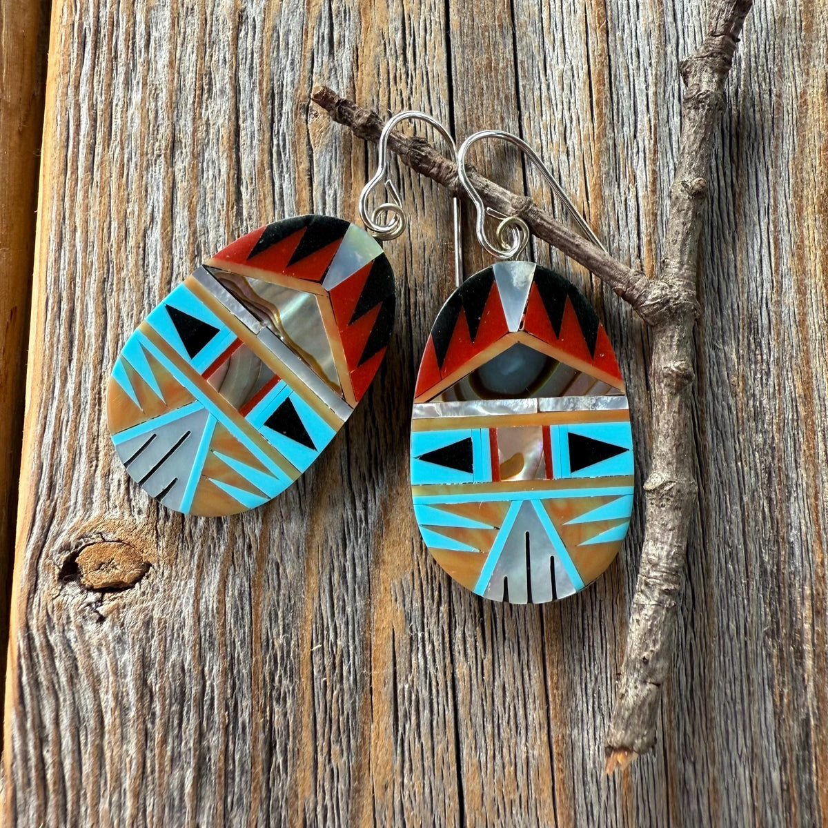 Turquoise Spiny Oyster Inlay Dangle Earrings, Southwestern Mosaic Sterling Silver Hooks