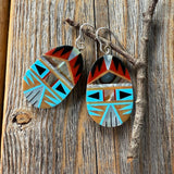 Turquoise Spiny Oyster Inlay Dangle Earrings, Southwestern Mosaic Sterling Silver Hooks