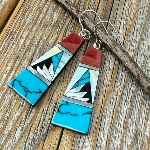 Turquoise & Spiny Oyster Inlay Earrings, Mother-of-Pearl Mosaic Fan Dangles, Southwestern Jewelry, Sterling Silver Hooks, Gift for Her