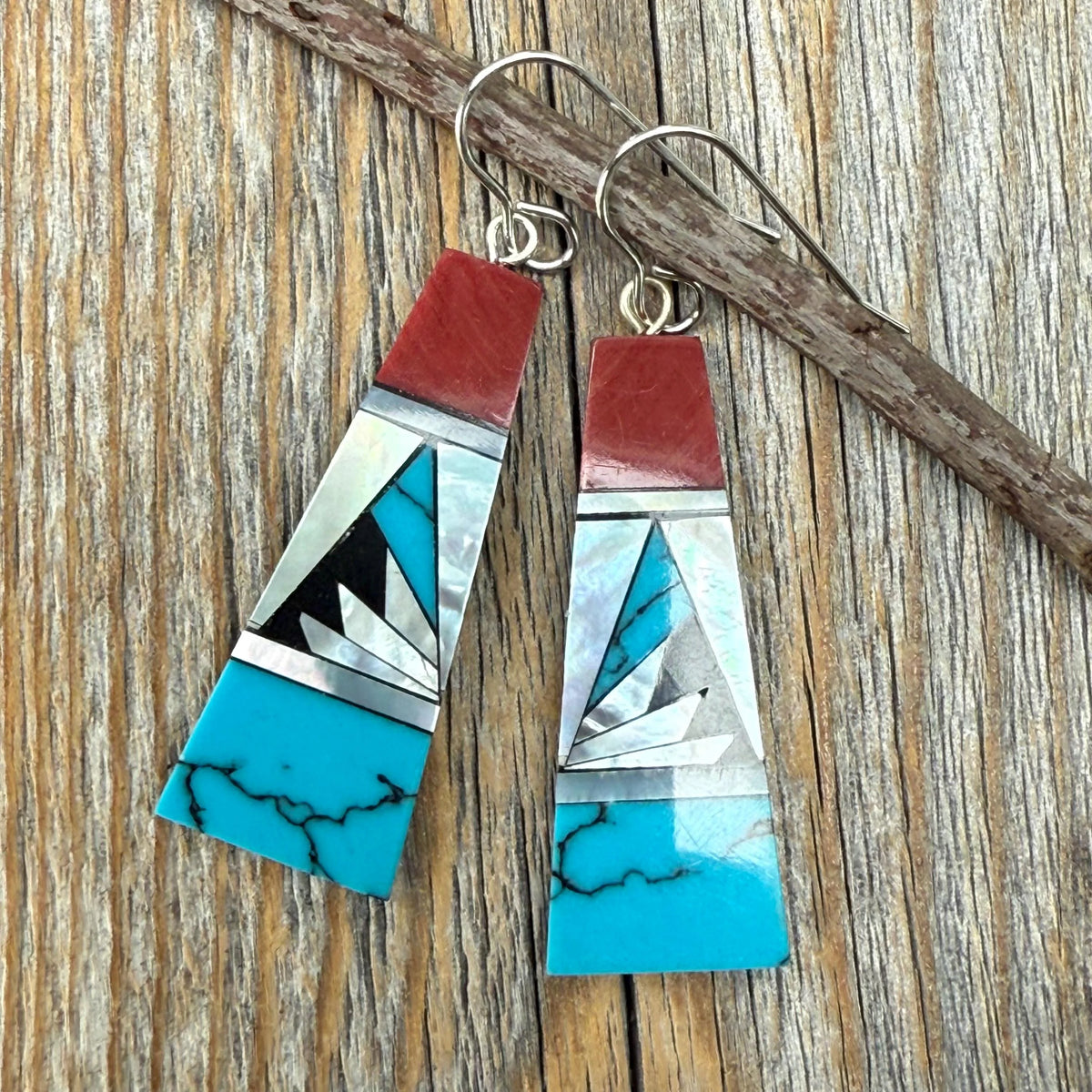 Turquoise & Spiny Oyster Inlay Earrings, Sterling Silver, Southwestern Mosaic