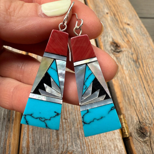 Turquoise & Spiny Oyster Inlay Earrings, Sterling Silver, Southwestern Mosaic