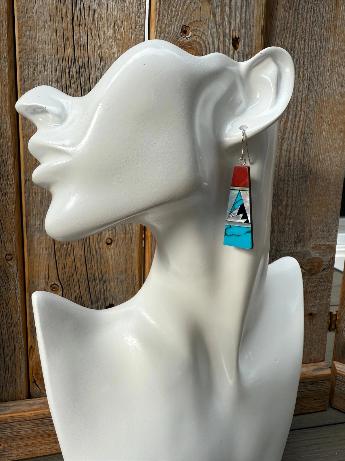 Turquoise & Spiny Oyster Inlay Earrings, Sterling Silver, Southwestern Mosaic