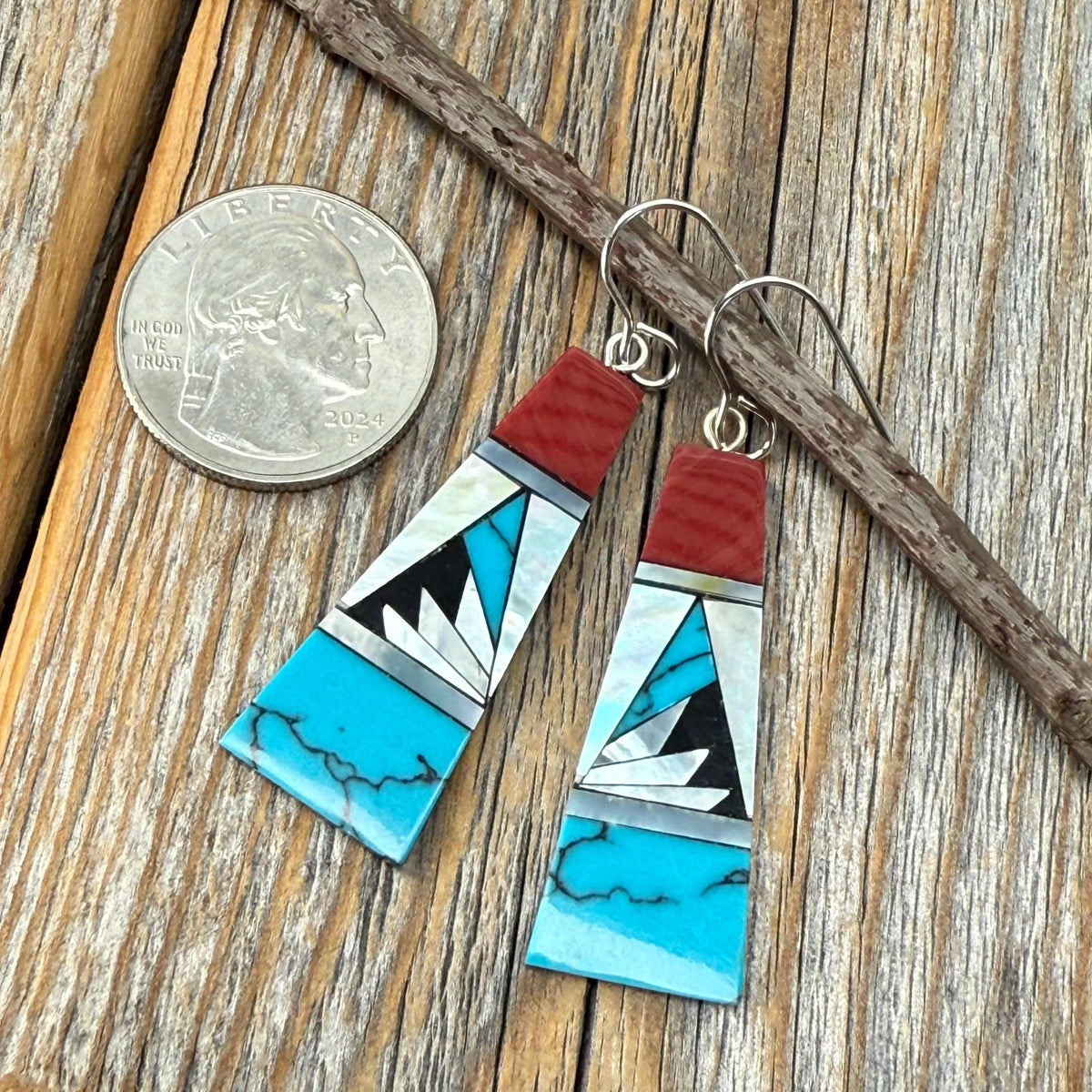 Turquoise & Spiny Oyster Inlay Earrings, Sterling Silver, Southwestern Mosaic