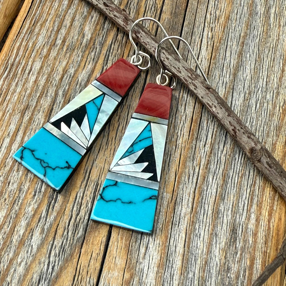 Turquoise & Spiny Oyster Inlay Earrings, Sterling Silver, Southwestern Mosaic