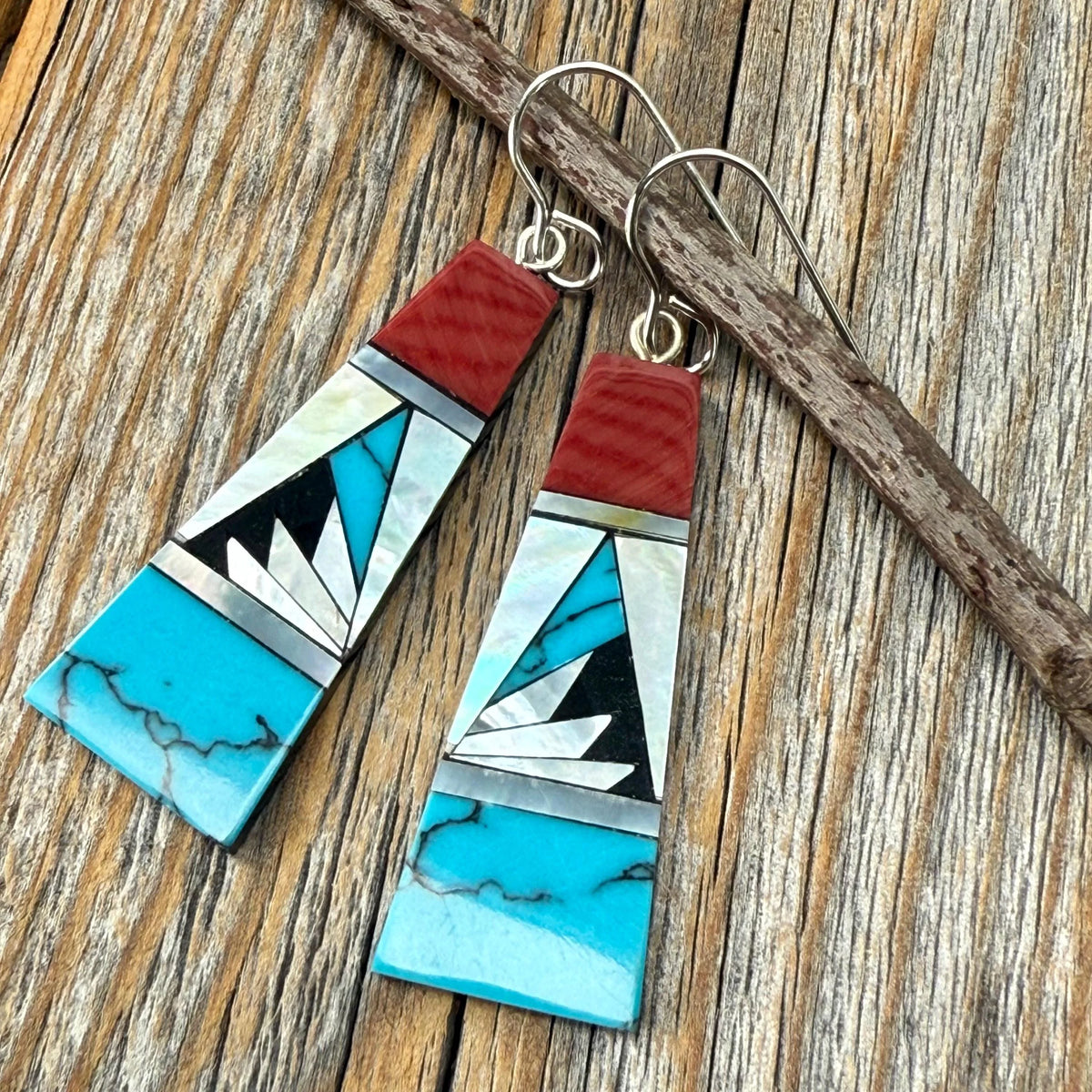 Turquoise & Spiny Oyster Inlay Earrings, Sterling Silver, Southwestern Mosaic