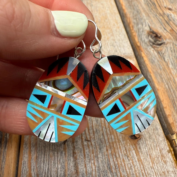 Turquoise Spiny Oyster Inlay Oval Earrings, Southwestern Sterling Silver Dangles