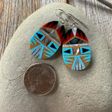Turquoise Spiny Oyster Inlay Oval Earrings, Southwestern Sterling Silver Dangles