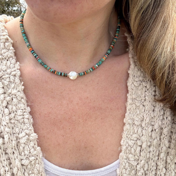 Turquoise Spiny Oyster Shell Heishi Necklace, Freshwater Pearl Accent, Sterling Clasp