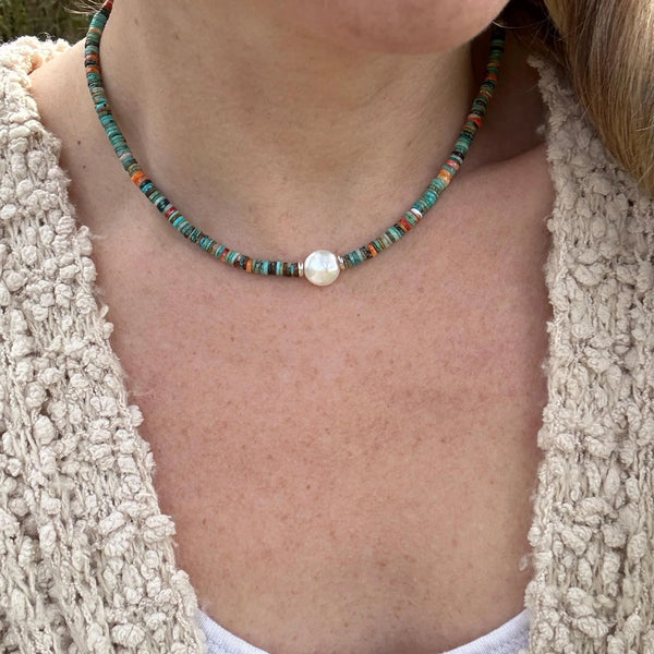 Turquoise Spiny Oyster Shell Heishi Necklace, Freshwater Pearl Accent, Sterling Clasp