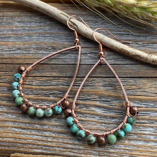 Turquoise Teardrop Earrings, Copper Wire Wrapped Bohemian Jewelry