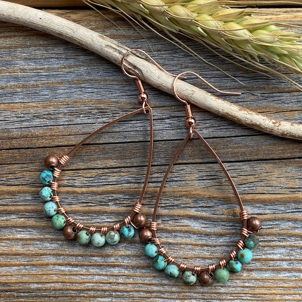 Turquoise Teardrop Earrings, Copper Wire Wrapped Bohemian Jewelry