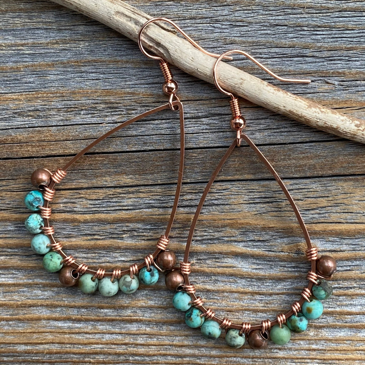 Turquoise Teardrop Earrings, Copper Wire Wrapped Bohemian Jewelry
