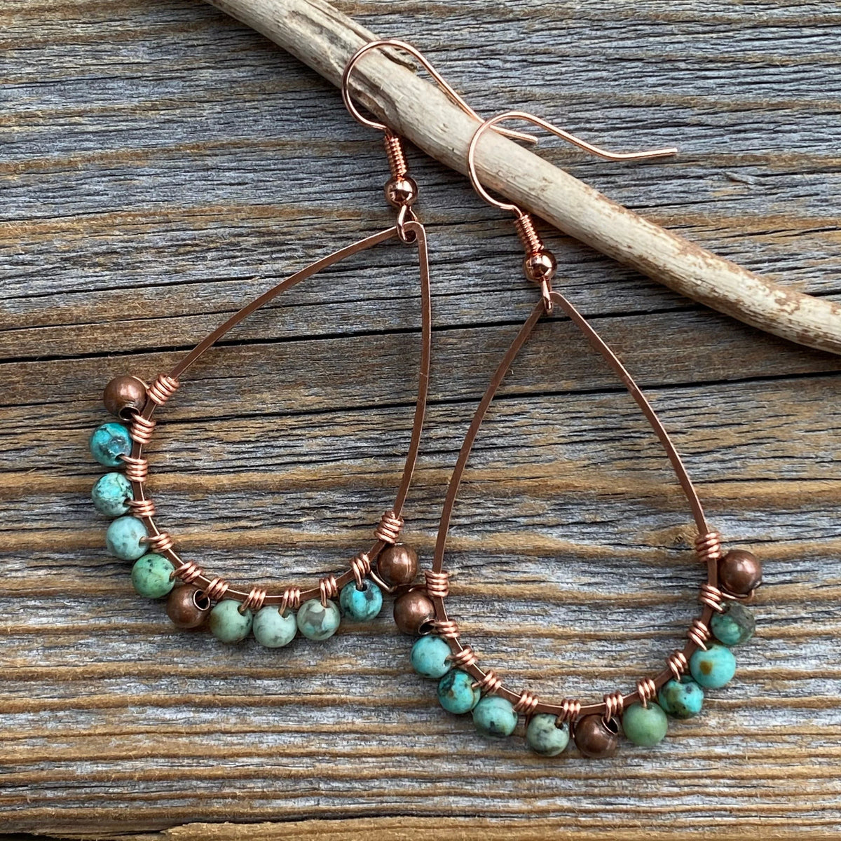Turquoise Teardrop Earrings, Copper Wire Wrapped Bohemian Jewelry