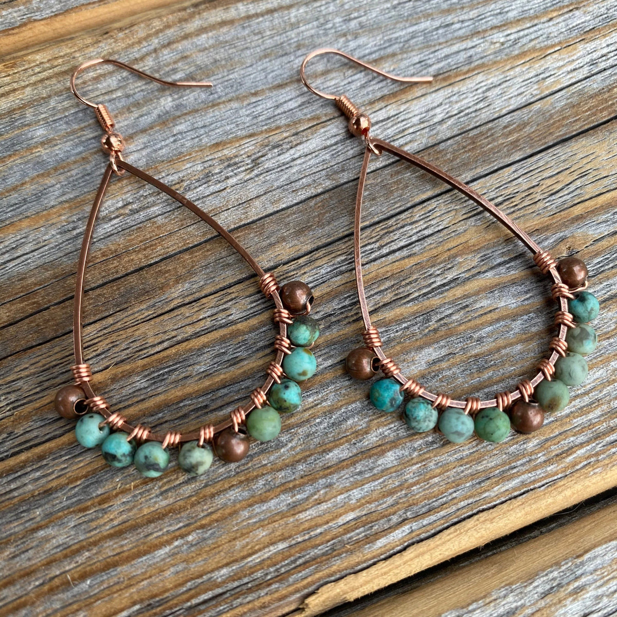 Turquoise Teardrop Earrings, Copper Wire Wrapped Bohemian Jewelry