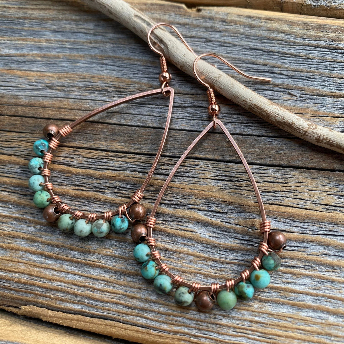 Turquoise Teardrop Earrings, Copper Wire Wrapped Bohemian Jewelry