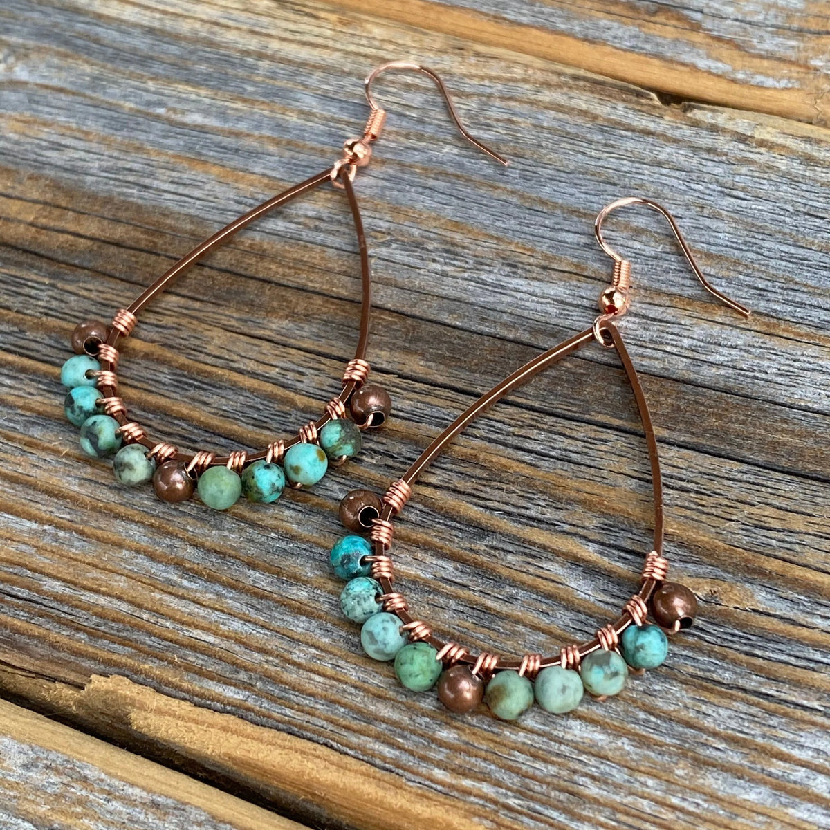 Turquoise Teardrop Earrings, Copper Wire Wrapped Bohemian Jewelry
