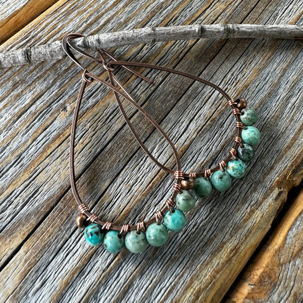 Turquoise Teardrop Earrings – Copper Wire Wrapped Boho Jewelry