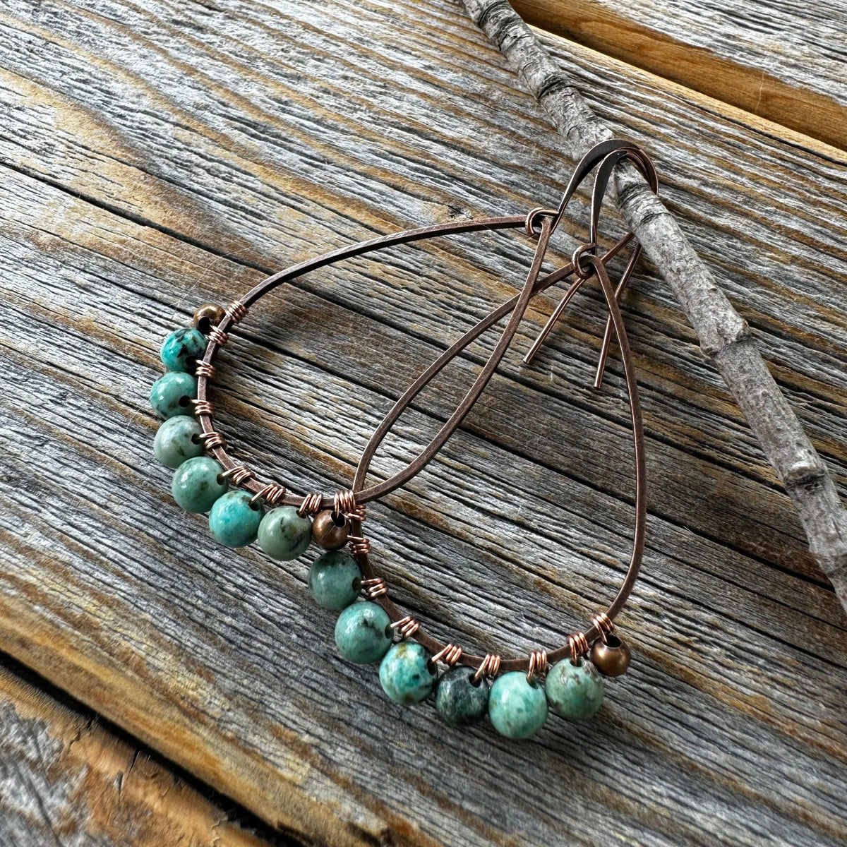 Turquoise Teardrop Earrings – Copper Wire Wrapped Boho Jewelry
