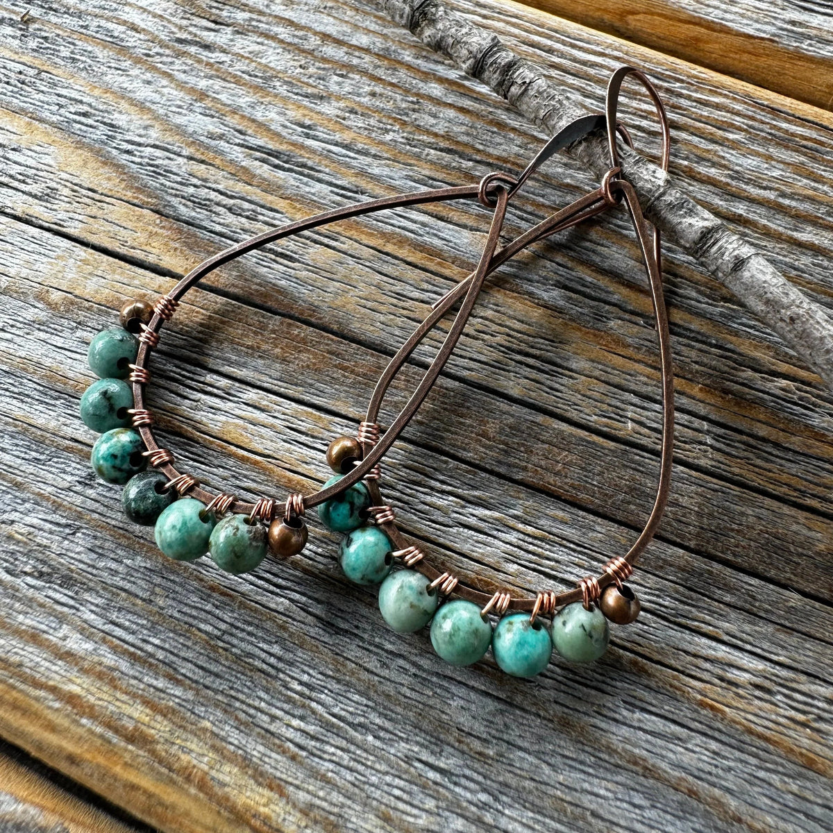 Turquoise Teardrop Earrings – Copper Wire Wrapped Boho Jewelry