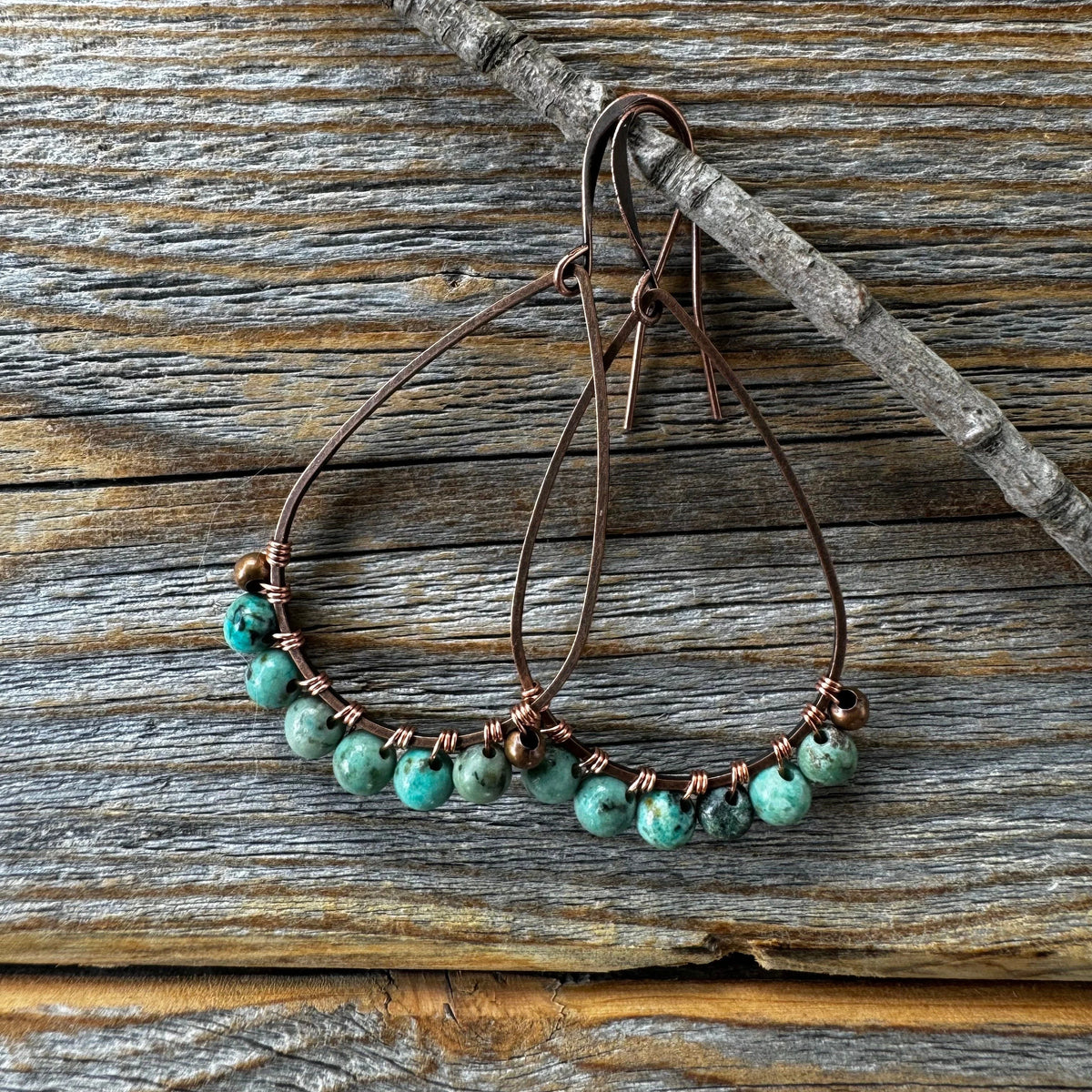 Turquoise Teardrop Earrings – Copper Wire Wrapped Boho Jewelry