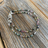 Watermelon Tourmaline Beaded Anklet Bracelet, Silver Seed Beads, Boho Chic