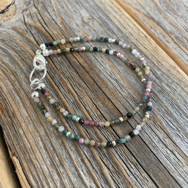 Watermelon Tourmaline Beaded Anklet Bracelet, Silver Seed Beads, Boho Chic