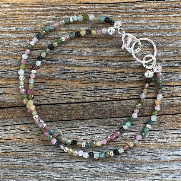 Watermelon Tourmaline Beaded Anklet Bracelet, Silver Seed Beads, Boho Chic