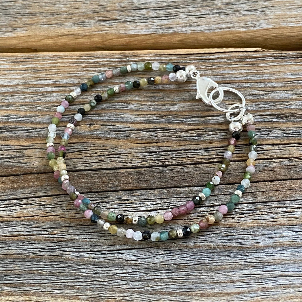 Watermelon Tourmaline Beaded Anklet Bracelet, Silver Seed Beads, Boho Chic