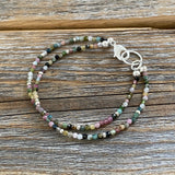 Watermelon Tourmaline Beaded Anklet Bracelet, Silver Seed Beads, Boho Chic